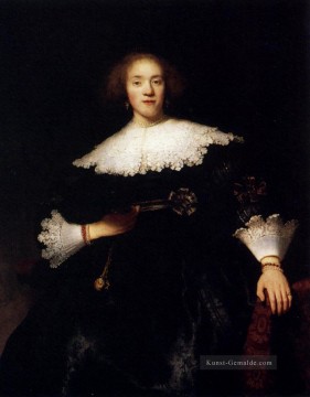 Porträt einer jungen Frau mit einem Fan Rembrandt Ölgemälde